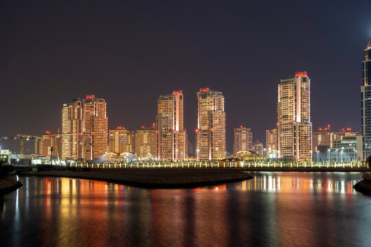 Beautiful Aerial View of Pearl Qatar. Roundabout Pearl Qatar at sunset time.	