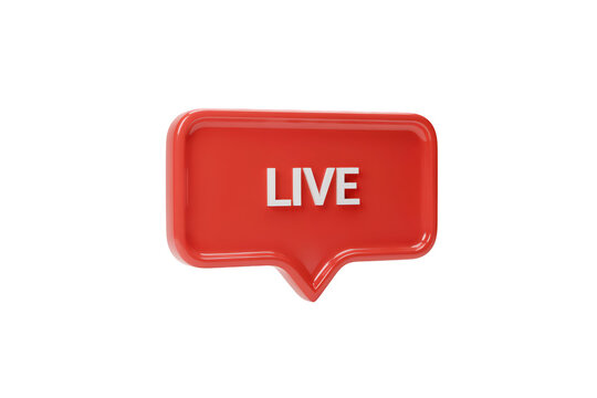 A3d rendered glossy red speech bubble with the white text live written in the center, isolated on a solid black background, streaming