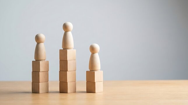 Wooden peg dolls standing on stacked blocks representing corporate hierarchy business growth career development leadership and success concept