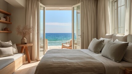 Fototapeta premium Calm coastal hotel room: neutral tones, natural wood, and expansive ocean view from glass doors