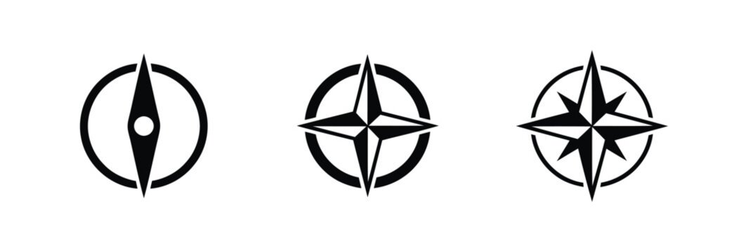 Compass rose icon set representing navigation and direction in outline variations