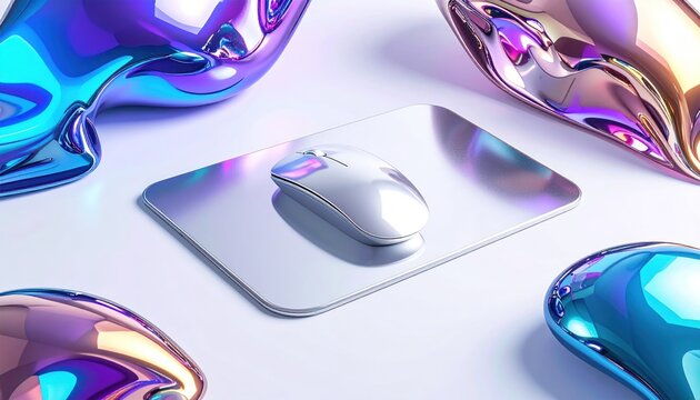 A mouse on a silver pad surrounded by abstract, iridescent, organic forms