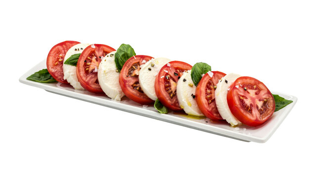 Delicious caprese salad appetizer featuring sliced red tomatoes and fresh white mozzarella cheese with green basil leaves arranged neatly on a white plate on transparent background