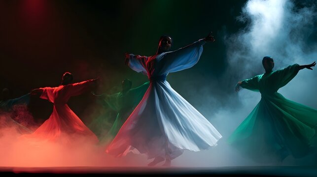 Ethereal dance performance accented by mystical fog and dramatic light capturing a spiritual and natural atmosphere