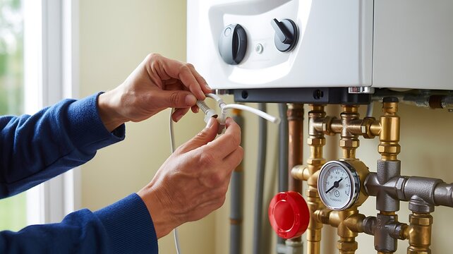 Professional technician adjusting modern residential boiler heating system controls