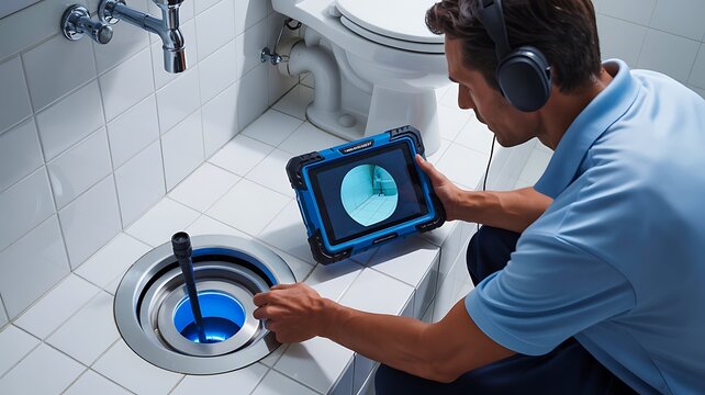 Professional plumber inspecting blocked drain with sewer inspection camera