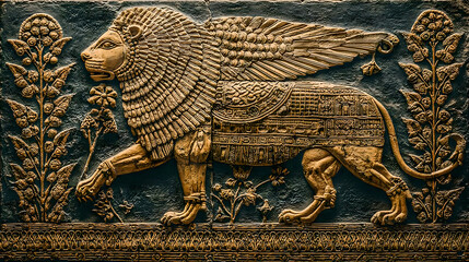 Fototapeta premium ishtar. Glazed brick relief of a lion against lapis lazuli blue background with gold accents, intricate patterns. event programs.