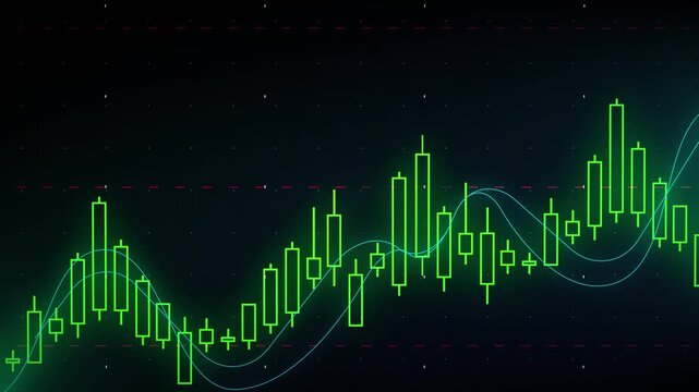 Green candlestick chart moving on blue financial grid background.