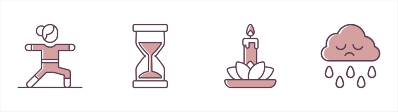 Calm and Mindful Balance Icons Bringing Together Yoga, Hourglass, Candle Flame, and Rainy Cloud Emotion