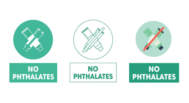 Three No Phthalates Icons Set Indicating Chemical Free Packaging and Safety Labels.