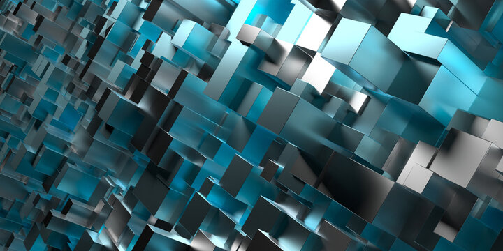 Abstract metallic cube pattern with blue and silver reflective panels for futuristic tech background and banner design .3d render