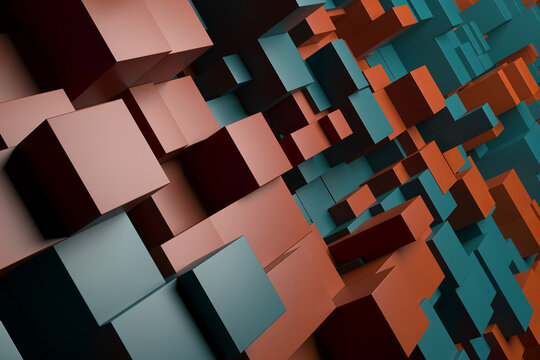 Layered three dimensional cube array in teal and rust with strong perspective for futuristic wallpaper and poster design.3d render