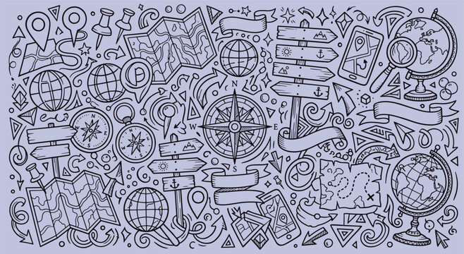 Hand drawn travel and vacation adventure doodles pattern with vacation adventure navigation destination landmark planning passport discovery background illustration location