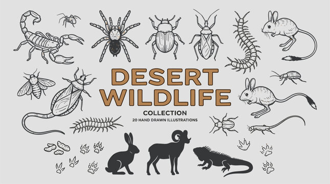 Desert wildlife collection. Hand drawn vintage animal vector design. Wild nature artwork.