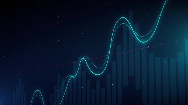 Glowing neon line chart moving on dark blue financial background.