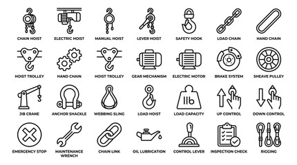 Fototapeta premium Industrial lifting and hoisting equipment icons for construction app ui, outline vector symbols