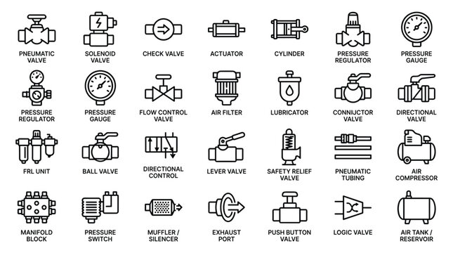Pneumatic and hydraulic system components for industrial automation, engineering line icons
