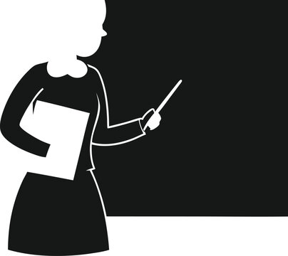 Silhouette of a professional female teacher holding a pointer and a book while standing in front of a dark chalkboard