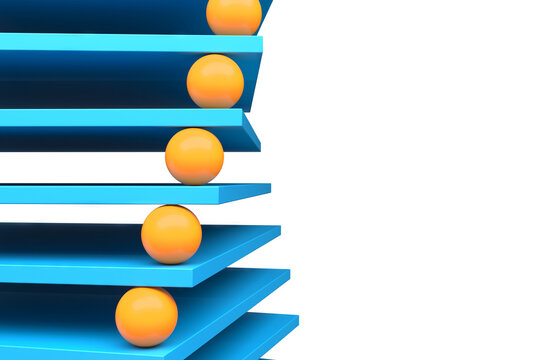 Bright blue stacked shelves with orange spheres aligned in vertical rhythm for playful product display and minimal design background.3d render
