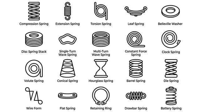 Mechanical spring types collection for engineering diagrams and industrial design, outline vector icons