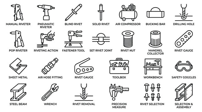 Industrial riveting tools and metalwork equipment for construction app ui, outline vector icons set