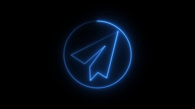 Glowing Neon Telegram Icon Animation on Black Background Blue Messaging Symbol Loop 4K video..