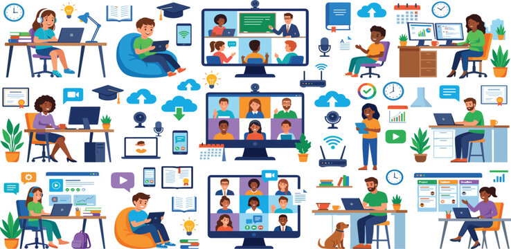 Online education e-learning and virtual classroom learning with remote student video conference flat vectors