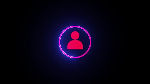 Futuristic neon circle frame with human silhouette animation, glowing circular ring surrounding a standing businessman, smooth rotating light trails..