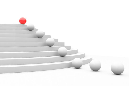 White stepped podium with multiple spheres and a single red sphere accent for minimalist product display and promotional stage background .3d render