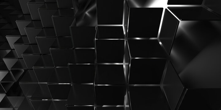 Glossy black reflective cube grid with high contrast highlights for futuristic dark textured background and tech design.3d render