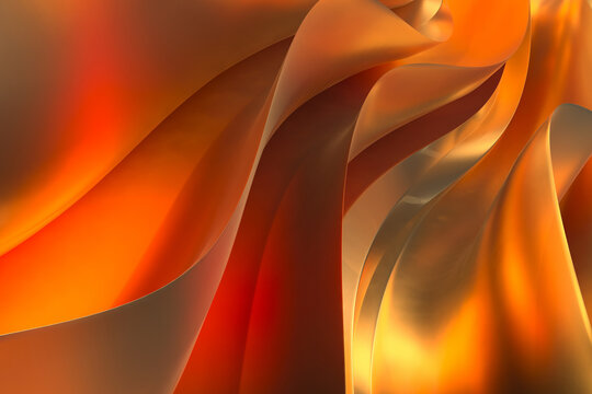 Abstract flowing orange metallic ribbons background with warm gold gradients for banner wallpaper and modern design applications .3d render