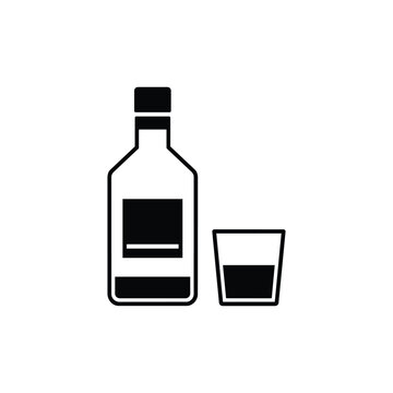 Black and white minibar bottle icon for hotel service, bottle and drink glass symbol for guest room beverage amenity design