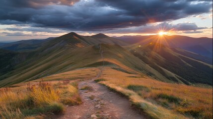 Naklejka premium Scenic mountain trekking path at summer sunset with sunlight shining through colorful clouds, breathtaking landscape, wilderness adventure, hiking trail, nature travel and outdoor exploration