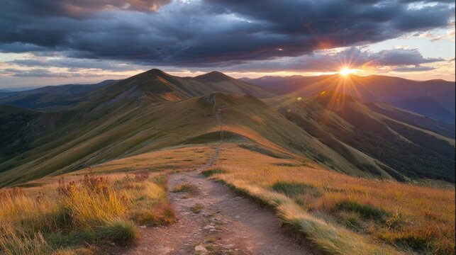 Scenic mountain trekking path at summer sunset with sunlight shining through colorful clouds, breathtaking landscape, wilderness adventure, hiking trail, nature travel and outdoor exploration