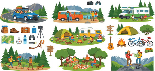 Camping and outdoor adventure vector elements set with camper van hiking families picnic tent © Mahan