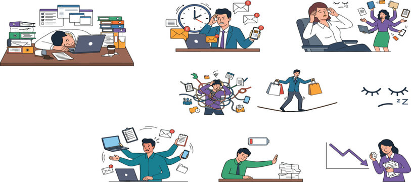 Workplace stress burnout and professional overwork with chaotic multitasking fatigue and low business productivity flat vectors
