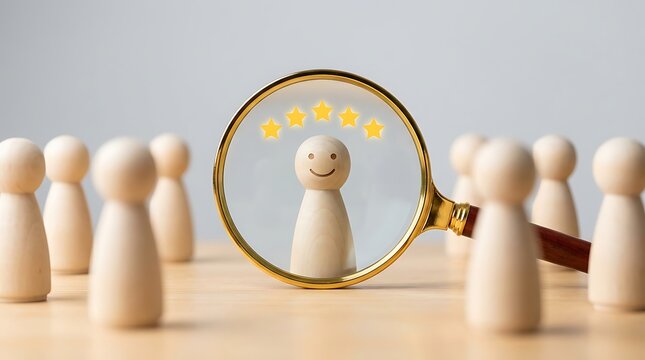 Five star rating and excellent review concept showing a wooden pawn figure selected with a magnifying glass for outstanding performance and talent