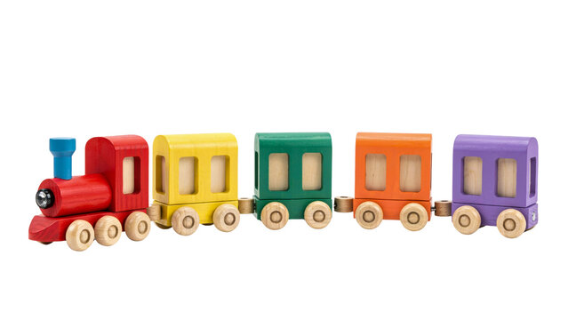 Vibrant wooden toy train featuring multiple colorful locomotive carriages linked together in a row crafted from painted wood blocks displayed in a studio on transparent background