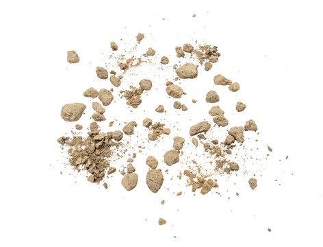 Beige powder and small rough clumps are scattered in midair, isolated on a Transparent background. Dry dust texture with flying particles, useful for dirt, clay, or cosmetic material concepts.