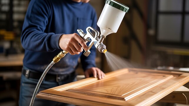 Professional woodworker spray painting wooden cabinet door in workshop