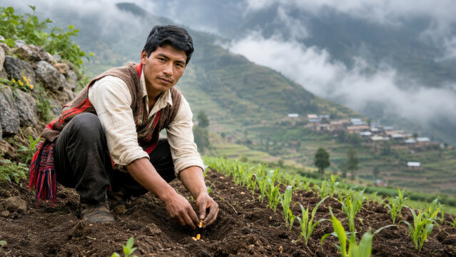 A young man planting seedlings in a terraced mountain field with misty hills in the background. He works crouched with focused expression and traditional shoulder bag nearby.