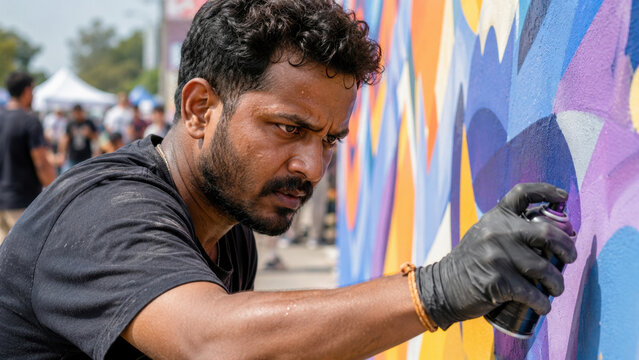 A male artist spray paints a vibrant geometric mural wearing gloves and concentrating on the work. He paints bright shapes on an outdoor wall at a public event.