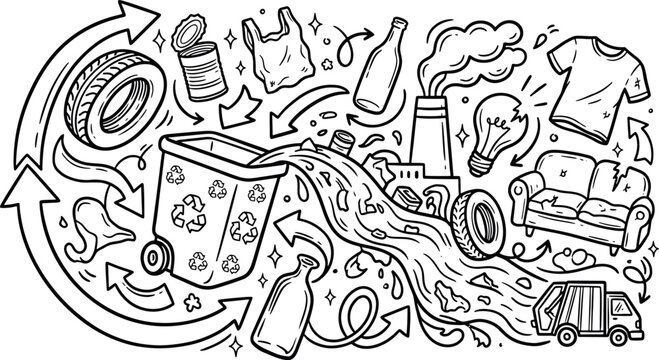 Recycling and waste management doodle illustration with trash bin and discarded household items eco friendly hand drawn recycling environment pollution sustainability management