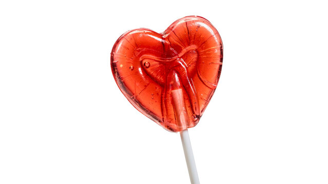 Shiny red heart shaped lollipop candy made of sweet translucent sugar with a long white stick captured in high detail studio lighting on transparent background