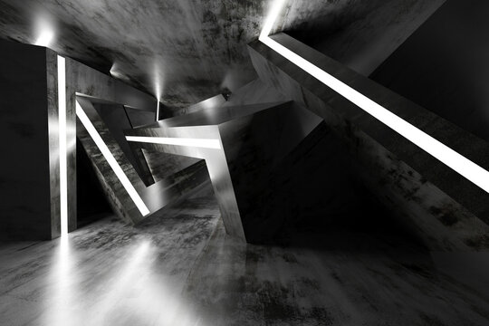 Dark brutalist interior with diagonal illuminated beams and textured concrete for moody architecture poster and background design.3d render