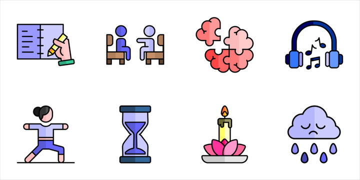  Therapy and Emotional Wellness Icons Featuring Journaling, Counseling, Brain Puzzle, Headphones, Yoga, and Rainy Cloud