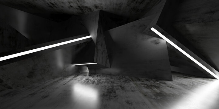 Dark concrete angular interior with illuminated linear lights for futuristic moody poster or background design and industrial architecture scene .3d render