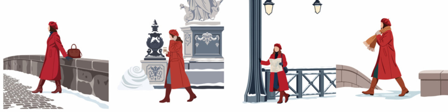 Set of illustrations depicting a fashionable woman in a red coat and beret exploring a snowy European city during winter.