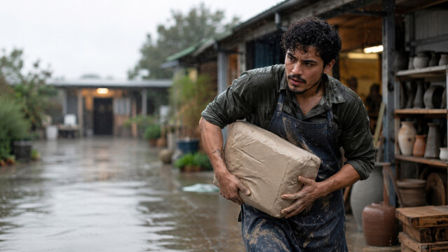 A man carries a large wrapped parcel through a flooded pottery yard while wearing an apron and muddy clothing. He navigates wet ground among shelves of clay pots and outdoor workshops.