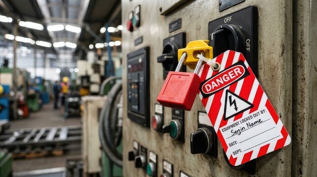 Power Switch Lockout Tag with Red Warning Label, Yellow Safety Lock, and Hasp on Industrial Control Panel